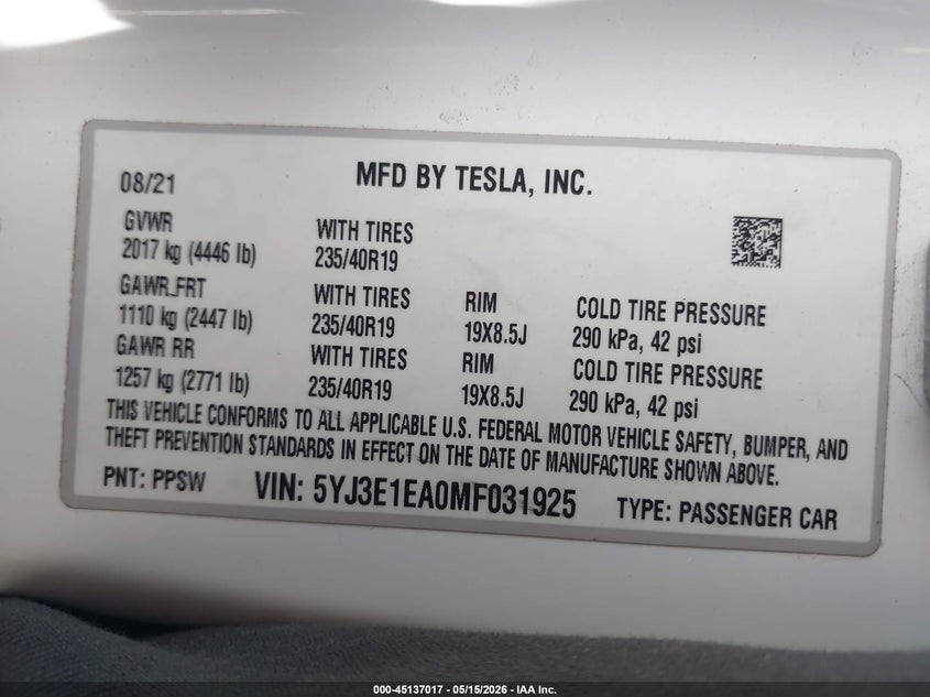 2021 Tesla Model 3 VIN 5YJ3E1EA0MF031925 IAAI salvage auction — SIDE, Salvage (Arizona), sold $5,500 on 2026-07-28 (photo 9)