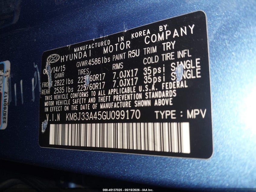 2016 Hyundai Tucson VIN KM8J33A45GU099170 IAAI salvage auction — FRONT & REAR, Salvage (Arizona), sold $975 on 2026-07-14 (photo 9)