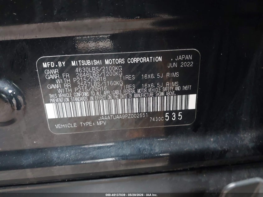2023 Mitsubishi Eclipse cross VIN JA4ATUAA9PZ002551 IAAI salvage auction — HAIL, Salvage (Ohio), sold $5,600 on 2026-07-09 (photo 9)