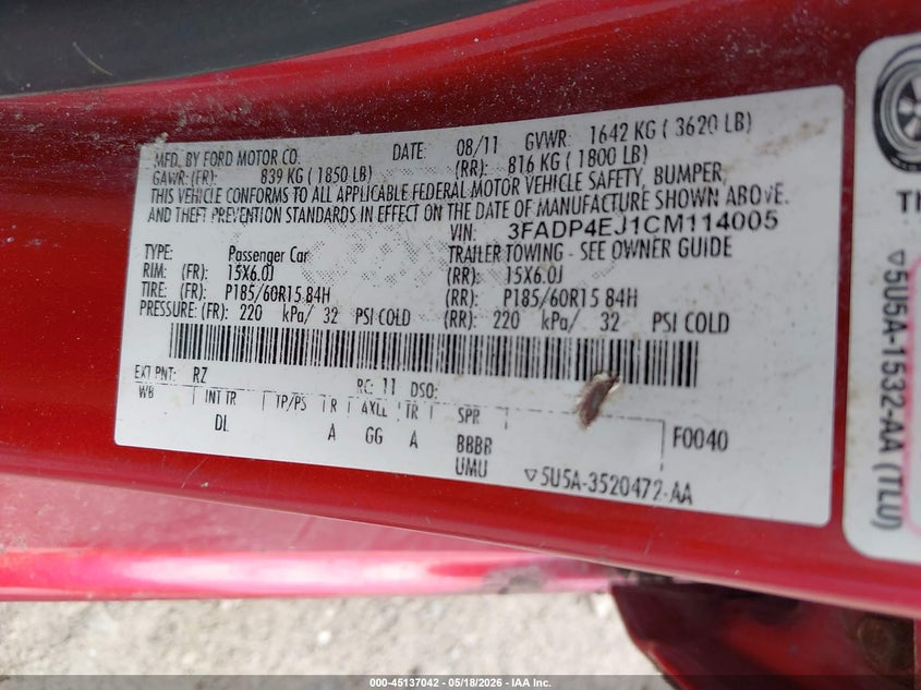 2012 Ford Fiesta VIN 3FADP4EJ1CM114005 IAAI salvage auction — FRONT END, Mv-907A (New York), sold $250 on 2026-08-03 (photo 9)