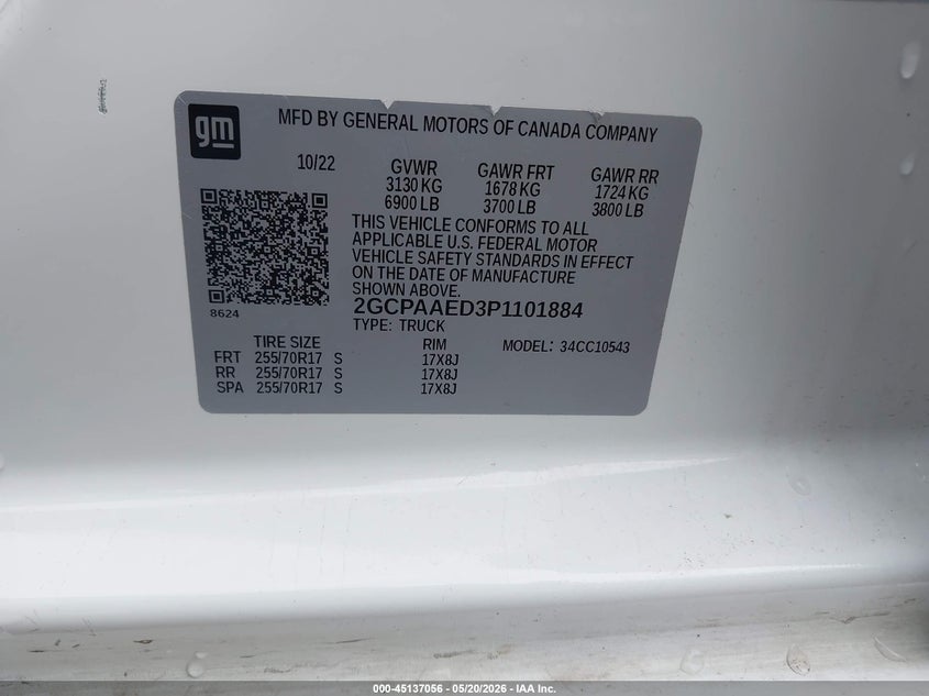 2023 Chevrolet Silverado VIN 2GCPAAED3P1101884 IAAI salvage auction — HAIL, Original (Texas), sold $13,600 on 2026-07-30 (photo 9)