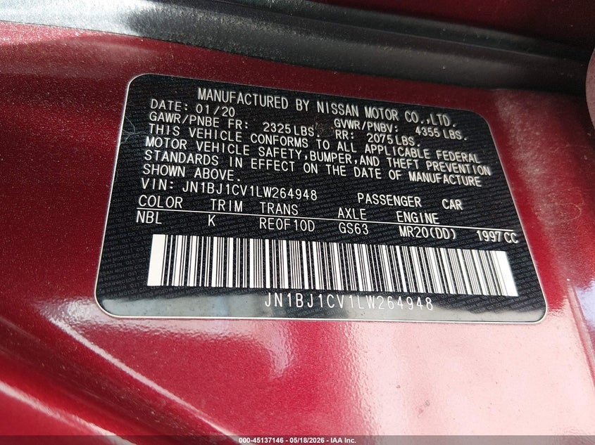 2020 Nissan Rogue VIN JN1BJ1CV1LW264948 IAAI salvage auction — RIGHT REAR, Salvage (Texas), sold $25 on 2026-07-29 (photo 9)