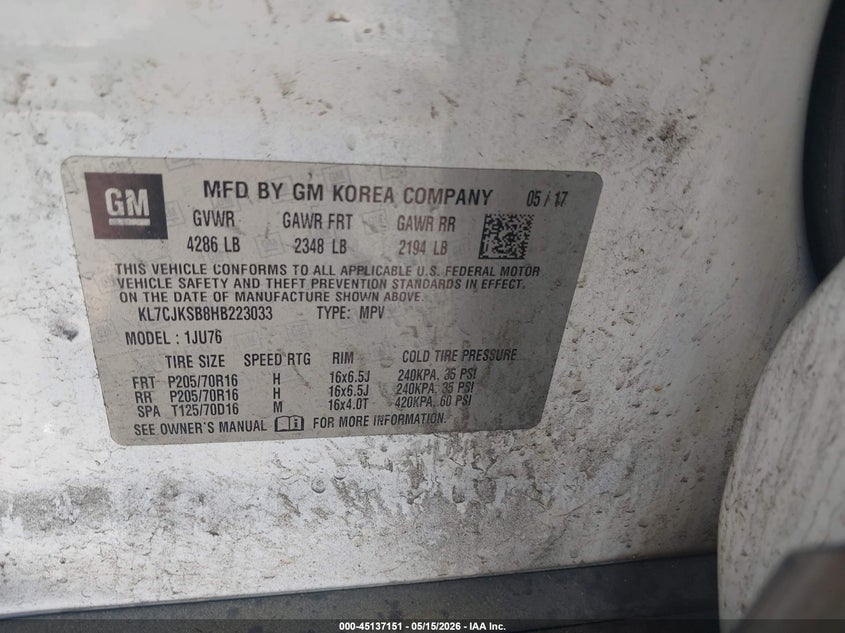 2017 Chevrolet Trax VIN KL7CJKSB8HB223033 IAAI salvage auction — FRONT END, Salvage (Virginia), sold $950 on 2026-07-07 (photo 9)
