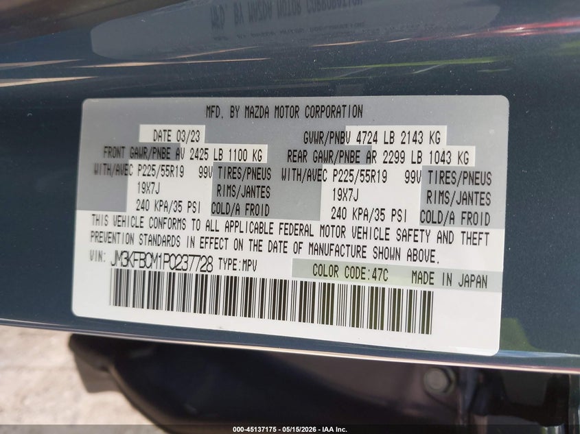 2023 Mazda Cx-5 VIN JM3KFBCM1P0237728 IAAI salvage auction — FRONT END, Certificate Of Destruction (Florida), sold $7,100 on 2026-07-20 (photo 9)