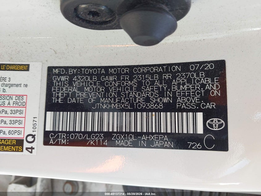 2020 Toyota C-hr VIN JTNKHMBX5L1093868 IAAI salvage auction — FRONT END, Salvage (Iowa), sold $8,050 on 2026-07-07 (photo 9)