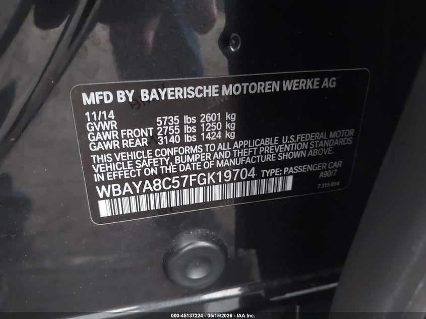 2015 BMW 7er VIN WBAYA8C57FGK19704 IAAI salvage auction — LEFT FRONT, Salvage Certificate (California), sold $1,700 on 2026-07-31 (photo 9)