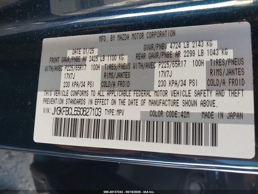 2025 Mazda Cx-5 VIN JM3KFBCL5S0627103 IAAI salvage auction — FRONT END, Salvage Title, sold $6,500 on 2026-07-29 (photo 9)