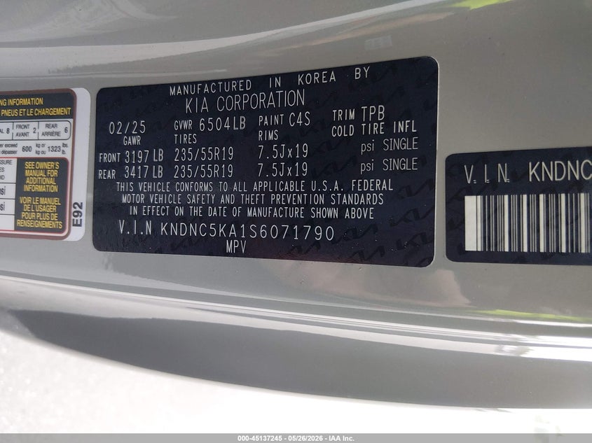 2025 Kia VIN KNDNC5KA1S6071790 IAAI salvage auction — FRONT END, Salvage Title, sold $15,900 on 2026-07-13 (photo 9)