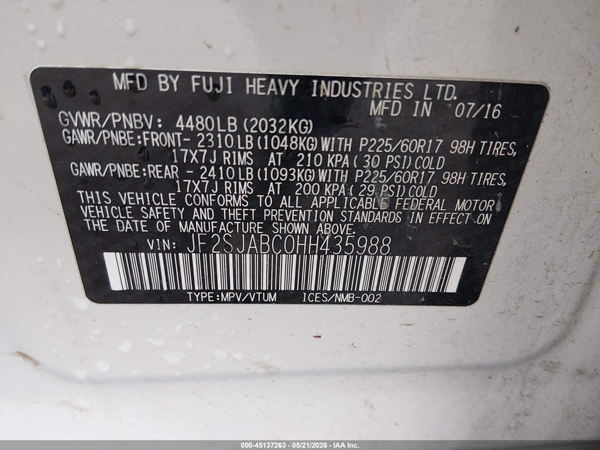 2017 Subaru Forester VIN JF2SJABC0HH435988 IAAI salvage auction — REAR END, Salvage (Kansas), sold $2,050 on 2026-07-24 (photo 9)