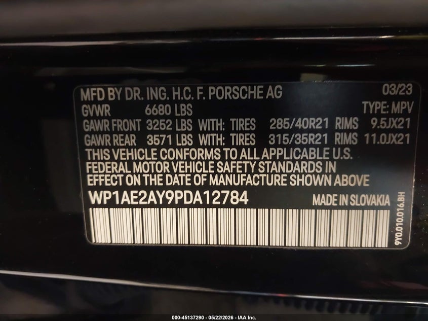 2023 Porsche Cayenne VIN WP1AE2AY9PDA12784 IAAI salvage auction — RIGHT SIDE, Clear (Michigan), sold $29,975 on 2026-07-13 (photo 9)