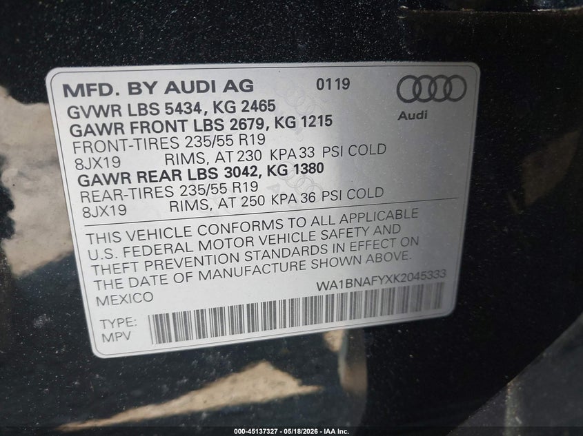 2019 Audi Q5 VIN WA1BNAFYXK2045333 IAAI salvage auction — FRONT END, Salvage (Ohio), sold $3,700 on 2026-07-14 (photo 9)