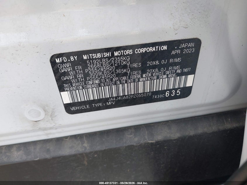 2023 Mitsubishi Outlander VIN JA4J4UA82PZ055070 IAAI salvage auction — HAIL, Salvage (Illinois), sold $6,000 on 2026-07-06 (photo 9)