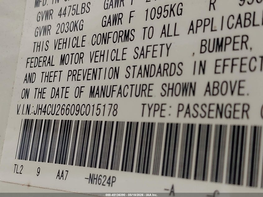 2009 Acura Tsx VIN JH4CU26609C015178 IAAI salvage auction — FRONT END, Salvage (Texas), sold $175 on 2026-07-07 (photo 9)