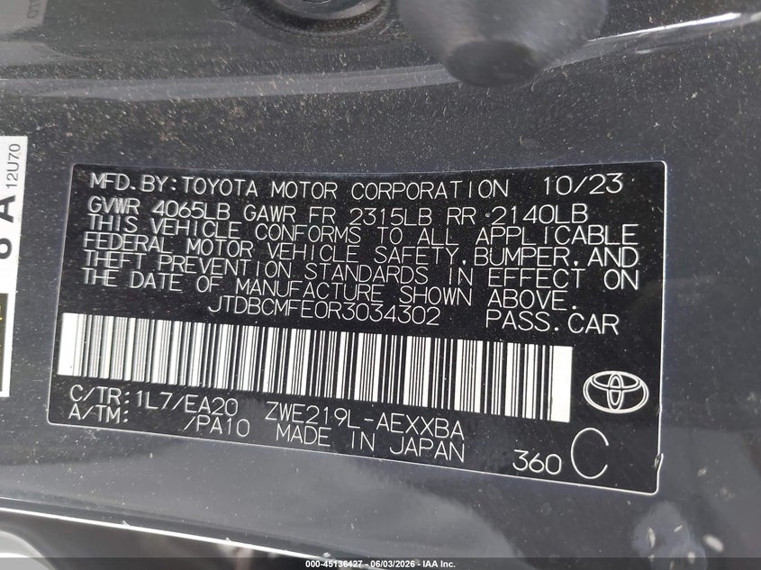2024 Toyota Corolla VIN JTDBCMFE0R3034302 IAAI salvage auction — FRONT END, Original (Texas), sold $9,900 on 2026-07-29 (photo 9)