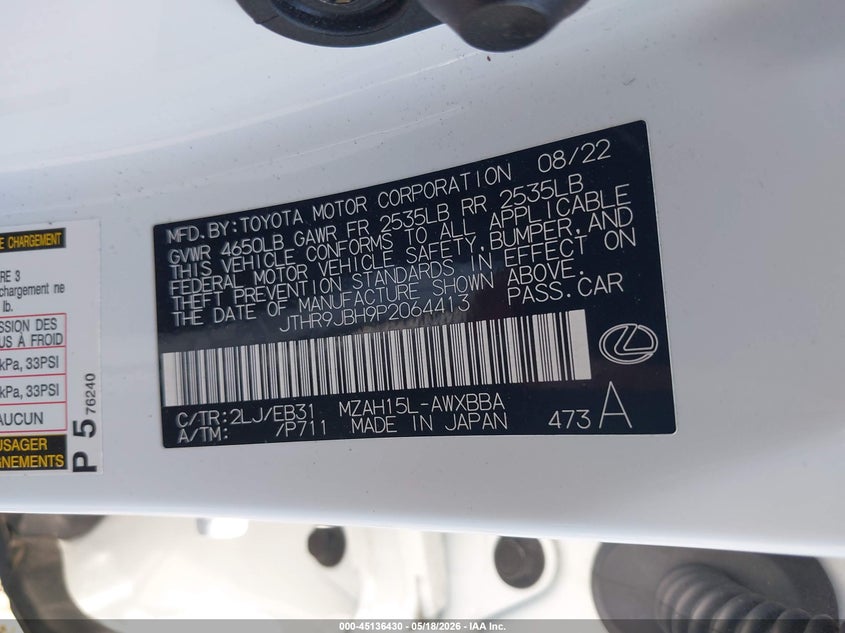 2023 Lexus Ux VIN JTHR9JBH9P2064413 IAAI salvage auction — FRONT END, Mv-907A (New York), sold $6,800 on 2026-07-28 (photo 9)
