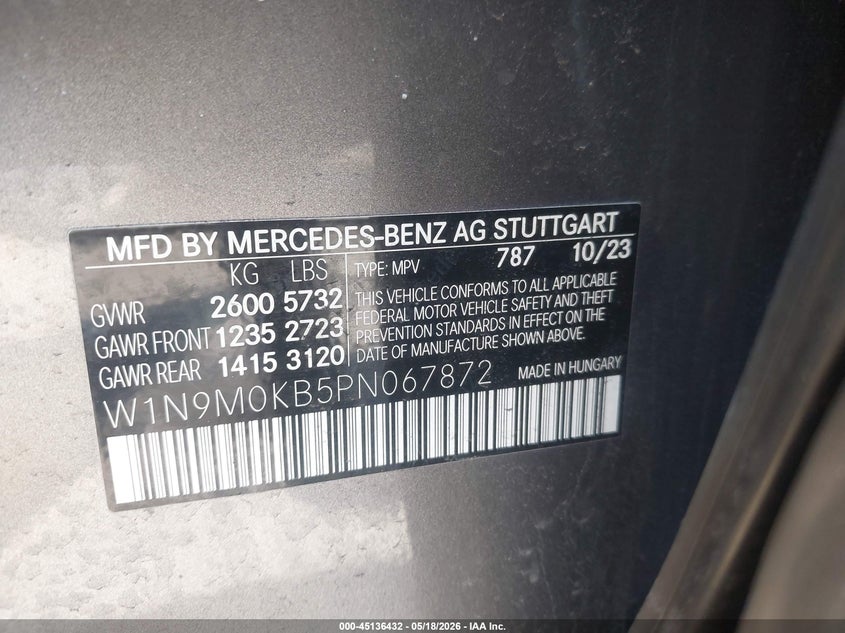 2023 Mercedes-benz VIN W1N9M0KB5PN067872 IAAI salvage auction — LEFT FRONT, Salvage - Greater Than 75% (Maryland), sold $10,025 on 2026-07-23 (photo 9)