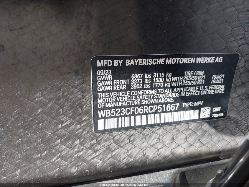 2024 BMW iX VIN WB523CF06RCP51667 IAAI salvage auction — Rear End, Salvage (Idaho), sold $26,750 on 2026-07-09 (photo 9)