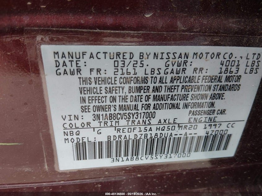2025 Nissan Sentra VIN 3N1AB8CV5SY317000 IAAI salvage auction — HAIL, Salvage (Ohio), sold $8,525 on 2026-07-28 (photo 9)