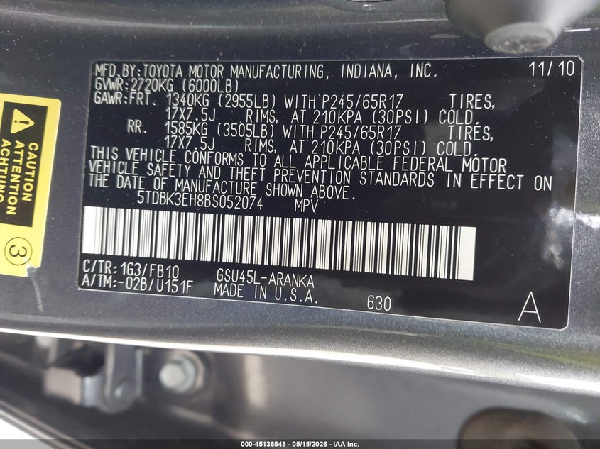 2011 Toyota Highlander VIN 5TDBK3EH8BS052074 IAAI salvage auction — REAR END, Salvage (Idaho), sold $4,300 on 2026-07-07 (photo 9)