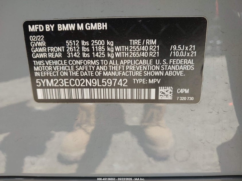 2022 BMW X4 m VIN 5YM23EC02N9L59742 IAAI salvage auction — FRONT END, Mv-907A (New York), sold $18,100 on 2026-07-30 (photo 9)