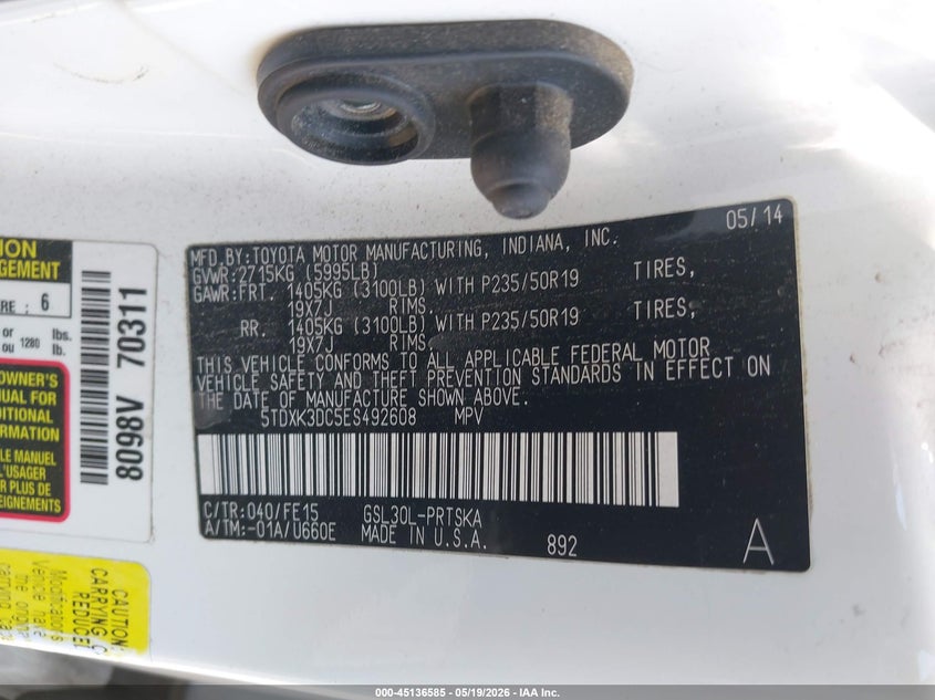 2014 Toyota Sienna VIN 5TDXK3DC5ES492608 IAAI salvage auction — LEFT FRONT, Salvage (California), sold $3,600 on 2026-07-08 (photo 9)