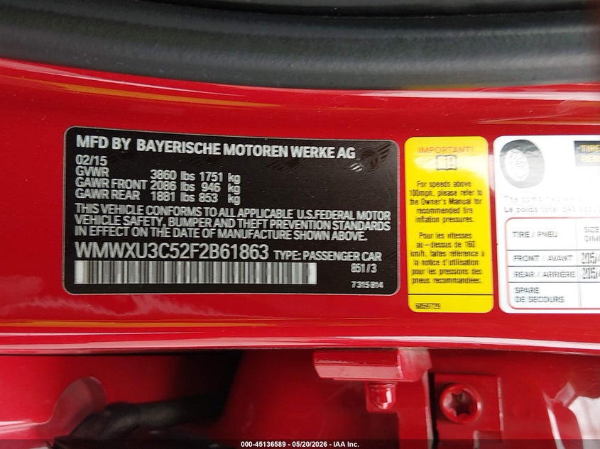 2015 Mini Hard top VIN WMWXU3C52F2B61863 IAAI salvage auction — HAIL, Salvage (Illinois), sold $2,600 on 2026-07-14 (photo 9)