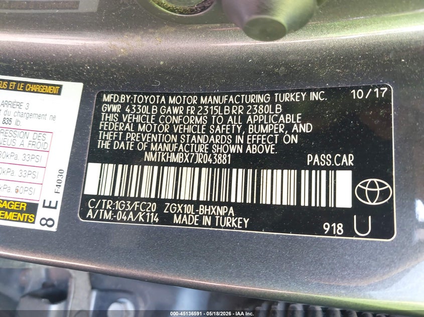 2018 Toyota C-hr VIN NMTKHMBX7JR043881 IAAI salvage auction — LEFT SIDE, Salvage - 75% Or Less (Maryland), sold $3,550 on 2026-07-28 (photo 9)