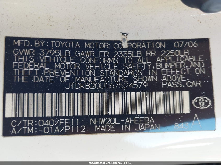 2006 Toyota Prius VIN JTDKB20U167524579 IAAI salvage auction — RIGHT FRONT, Salvage (California), sold $375 on 2026-07-29 (photo 9)