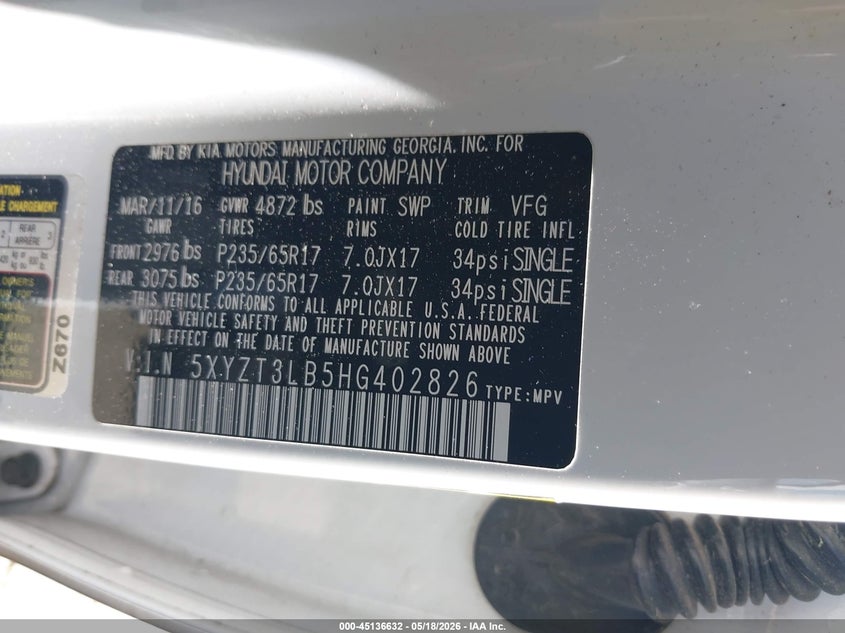 2017 Hyundai Santa fe VIN 5XYZT3LB5HG402826 IAAI salvage auction — REAR END, Salvage (Georgia), sold $2,300 on 2026-07-29 (photo 9)