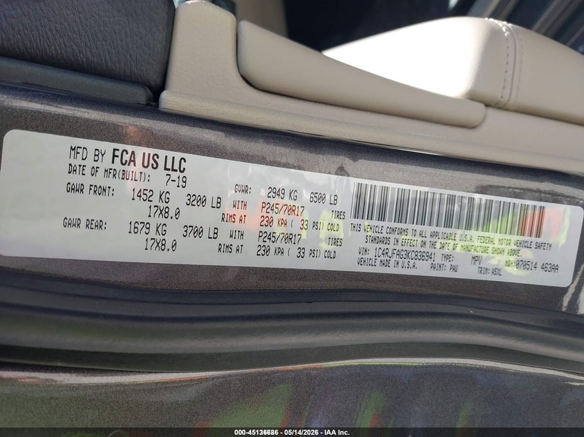 2019 Jeep Grand cherokee VIN 1C4RJFAG3KC836941 IAAI salvage auction — NORMAL WEAR, Sf97 (Wisconsin), sold $10,500 on 2026-07-20 (photo 9)