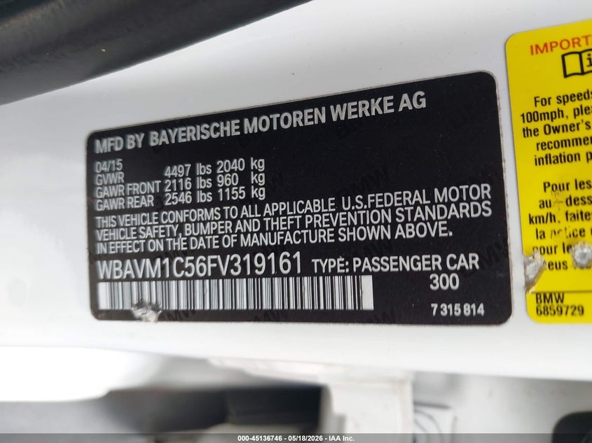 2015 BMW X1 VIN WBAVM1C56FV319161 IAAI salvage auction — FRONT END, Salvage Title, sold $1,250 on 2026-07-15 (photo 9)