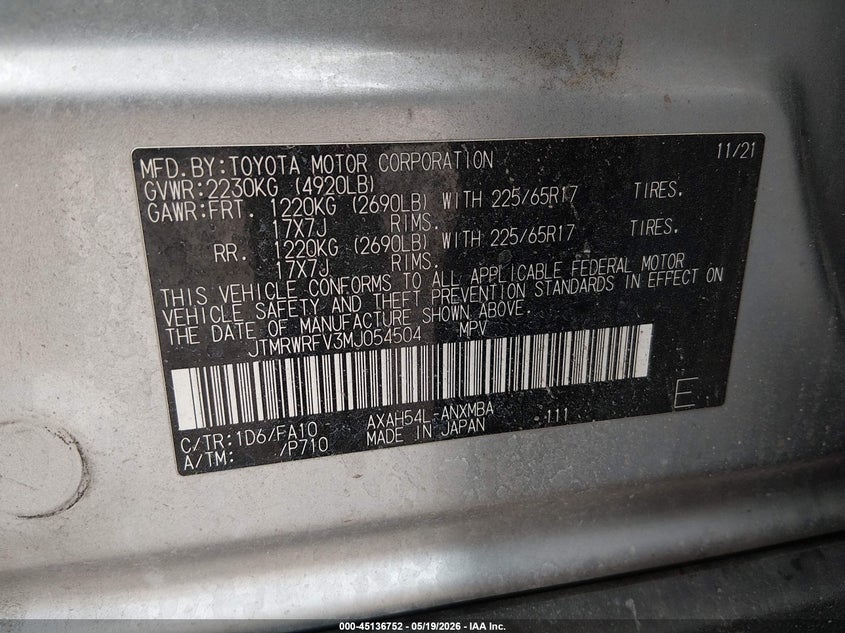 2021 Toyota Rav 4 VIN JTMRWRFV3MJ054504 IAAI salvage auction — FRONT END, Salvage (Nebraska), sold $8,500 on 2026-07-16 (photo 9)