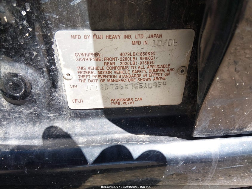 2007 Subaru Impreza VIN JF1GD756X7G510954 IAAI salvage auction — FRONT END, Bill Of Sale (Colorado), sold $50 on 2026-07-29 (photo 9)