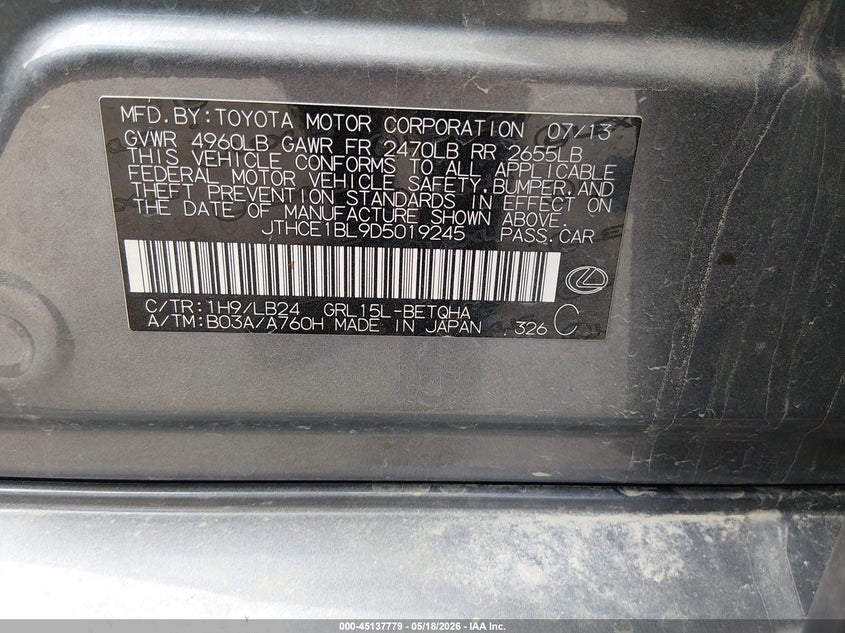 2013 Lexus Gs VIN JTHCE1BL9D5019245 IAAI salvage auction — HAIL, Salvage (Kansas), sold $2,400 on 2026-07-31 (photo 9)