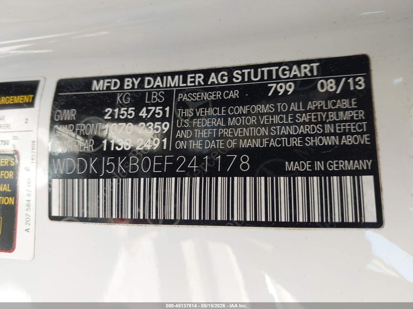 2014 Mercedes-benz E-klasse VIN WDDKJ5KB0EF241178 IAAI salvage auction — LEFT FRONT, Salvage (Georgia), sold $25 on 2026-07-22 (photo 9)