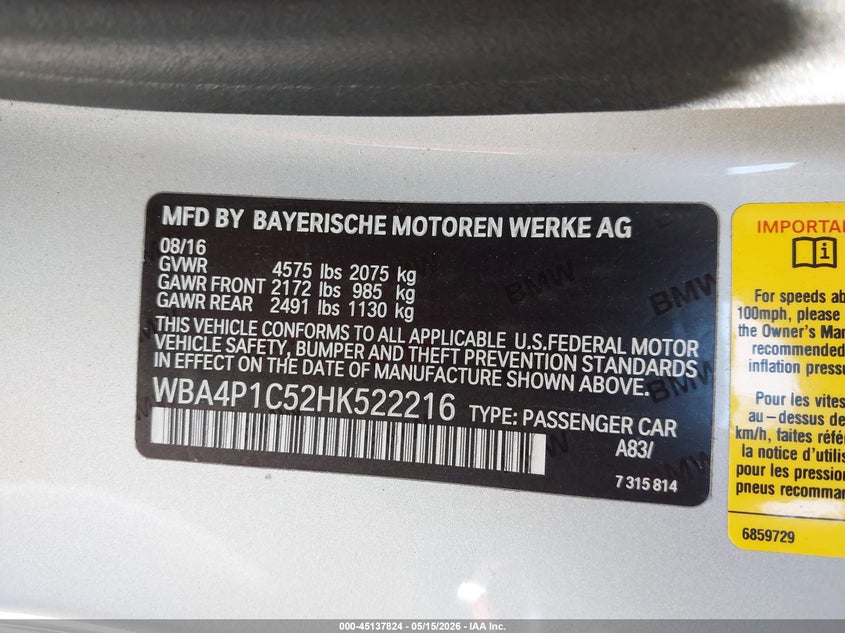 2017 BMW 4er VIN WBA4P1C52HK522216 IAAI salvage auction — FRONT END, Salvage (California), sold $7,150 on 2026-07-16 (photo 9)