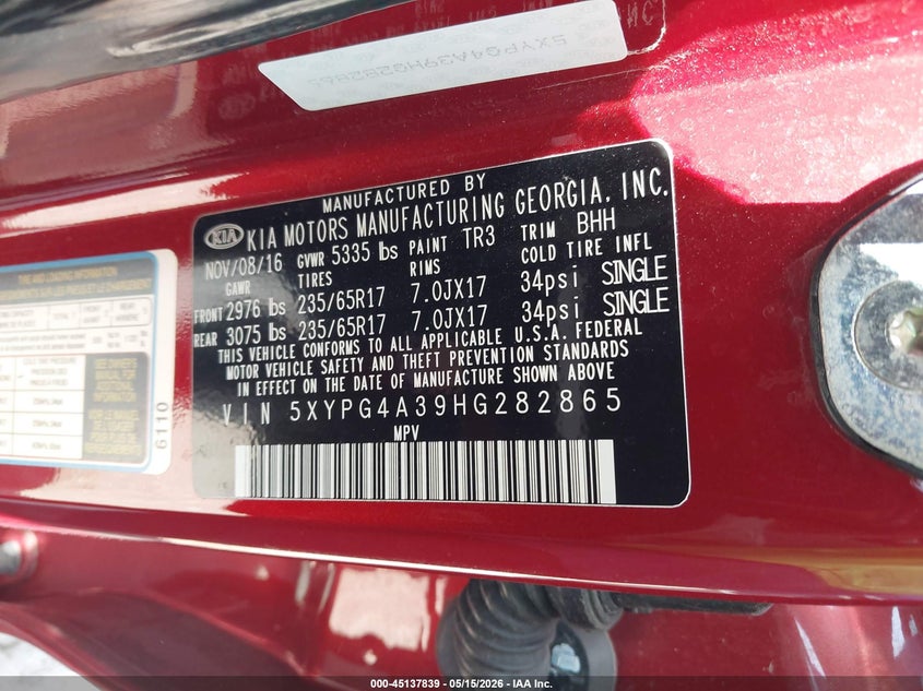 2017 Kia Sorento VIN 5XYPG4A39HG282865 IAAI salvage auction — RIGHT FRONT, Original (Texas), sold $2,150 on 2026-07-15 (photo 9)