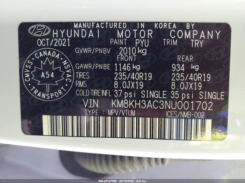 2022 Hyundai Kona VIN KM8KH3AC3NU001702 IAAI salvage auction — FRONT END, Salvage (Ohio), sold $1,150 on 2026-07-29 (photo 9)