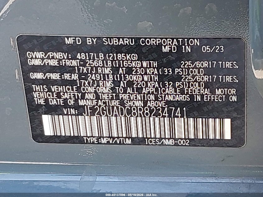 2024 Subaru Xv VIN JF2GUADC8R8234741 IAAI salvage auction — SIDE, Salvage (California), sold $5,100 on 2026-07-10 (photo 9)