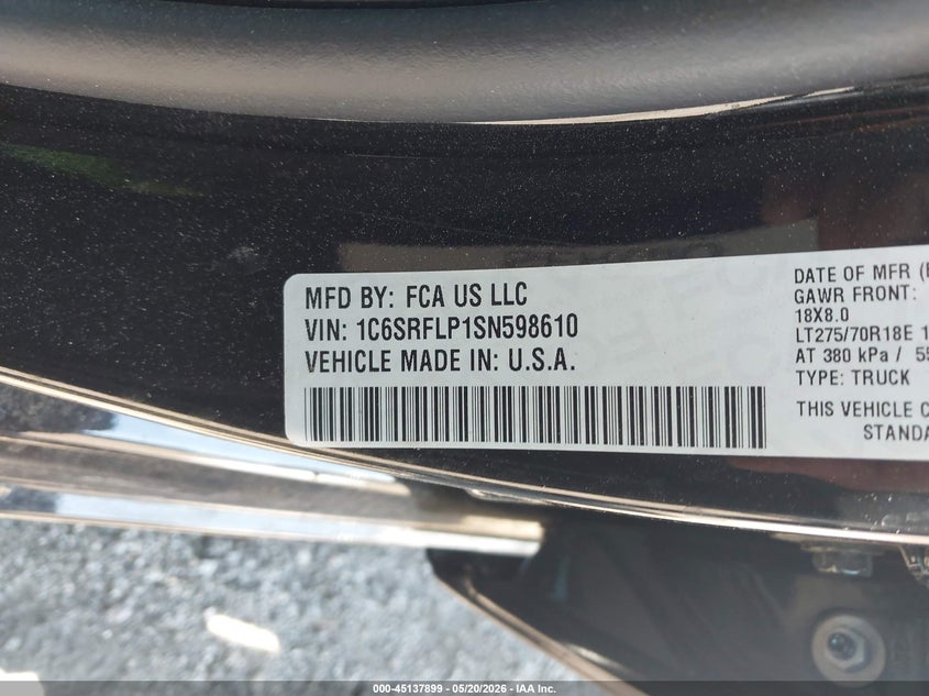 2025 Ram 1500 VIN 1C6SRFLP1SN598610 IAAI salvage auction — ROLLOVER, Salvage (South Carolina), sold $3,300 on 2026-07-25 (photo 9)