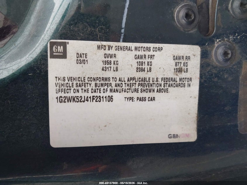 2001 Pontiac Grand prix VIN 1G2WK52J41F231106 IAAI salvage auction — REAR END, Salvage (Oregon), sold $100 on 2026-07-09 (photo 9)