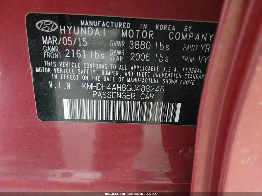 2016 Hyundai Elantra VIN KMHDH4AH8GU488246 IAAI salvage auction — FRONT END, Salvage (Colorado), sold $1,100 on 2026-07-31 (photo 9)