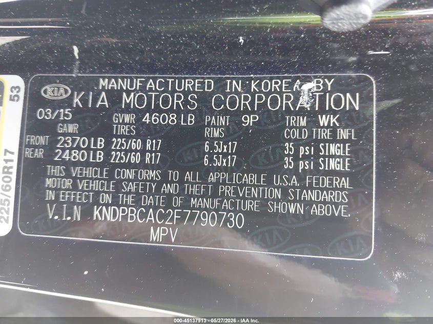 2015 Kia Sportage VIN KNDPBCAC2F7790730 IAAI salvage auction — FRONT END, Salvage Title, sold $1,600 on 2026-07-28 (photo 9)