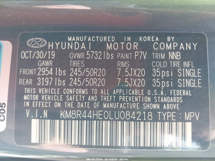 2020 Hyundai Palisade VIN KM8R44HE0LU084218 IAAI salvage auction — RIGHT SIDE, Salvage (Alabama), sold $6,000 on 2026-07-13 (photo 9)