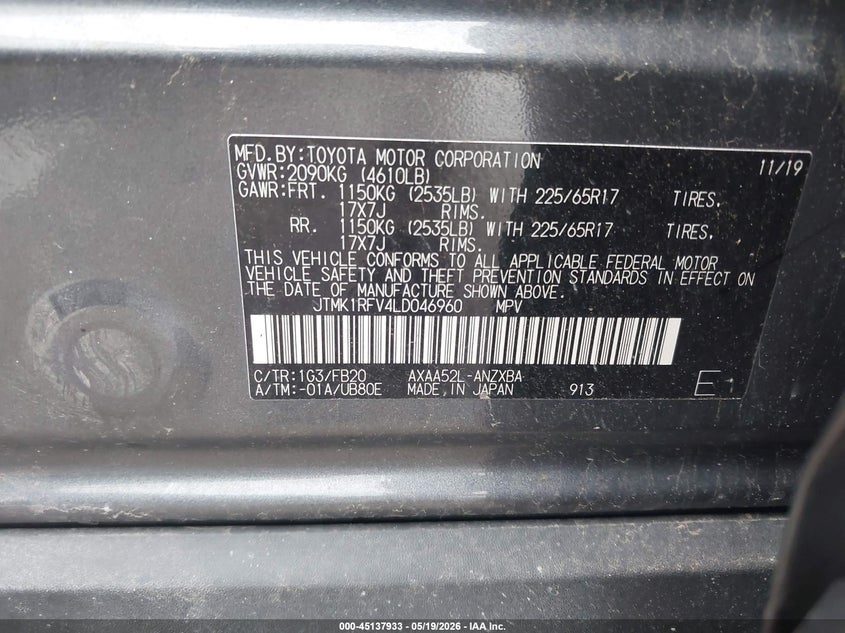2020 Toyota Rav 4 VIN JTMK1RFV4LD046960 IAAI salvage auction — FRONT END, Salvage (Idaho), sold $7,100 on 2026-07-21 (photo 9)