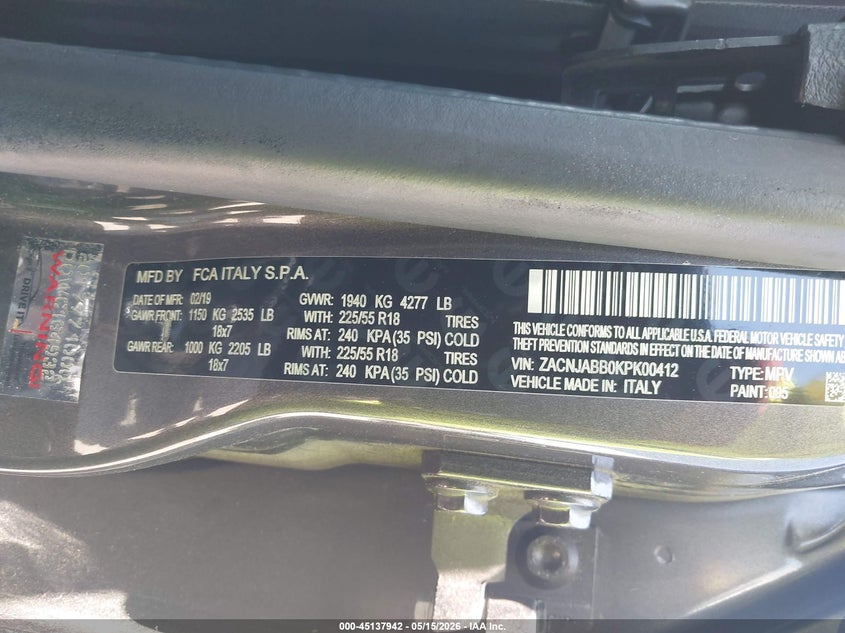 2019 Jeep Renegade VIN ZACNJABB0KPK00412 IAAI salvage auction — RIGHT FRONT, Salvage Title, sold $1,800 on 2026-08-14 (photo 9)