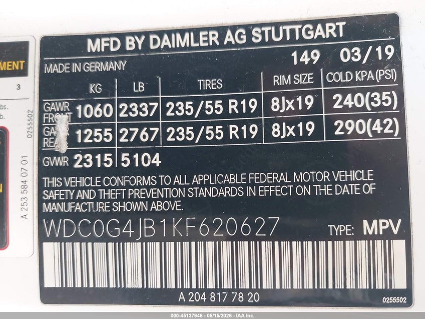 2019 Mercedes-benz Glc VIN WDC0G4JB1KF620627 IAAI salvage auction — FRONT END, Salvage (Georgia), sold $6,400 on 2026-07-31 (photo 9)