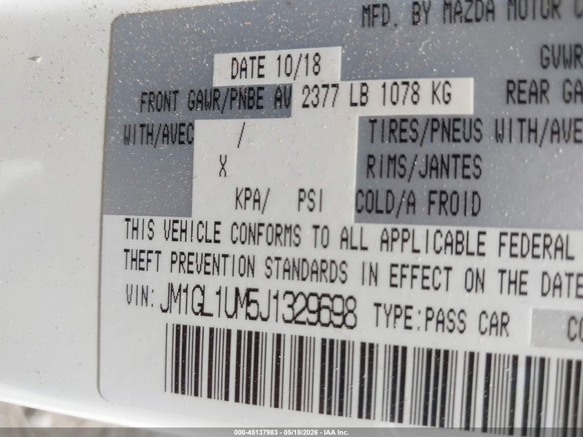 2018 Mazda 6 VIN JM1GL1UM5J1329698 IAAI salvage auction — FRONT END, Original (Texas), sold $1,550 on 2026-07-17 (photo 9)