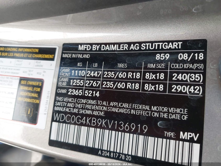 2019 Mercedes-benz Glc VIN WDC0G4KB9KV136919 IAAI salvage auction — FRONT END, Salvage (Nevada), sold $5,300 on 2026-07-14 (photo 9)
