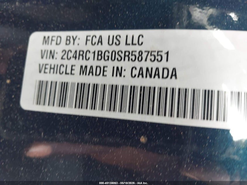2025 Chrysler Pacifica VIN 2C4RC1BG0SR587551 IAAI salvage auction — HAIL, Salvage Title, sold $16,200 on 2026-08-19 (photo 9)